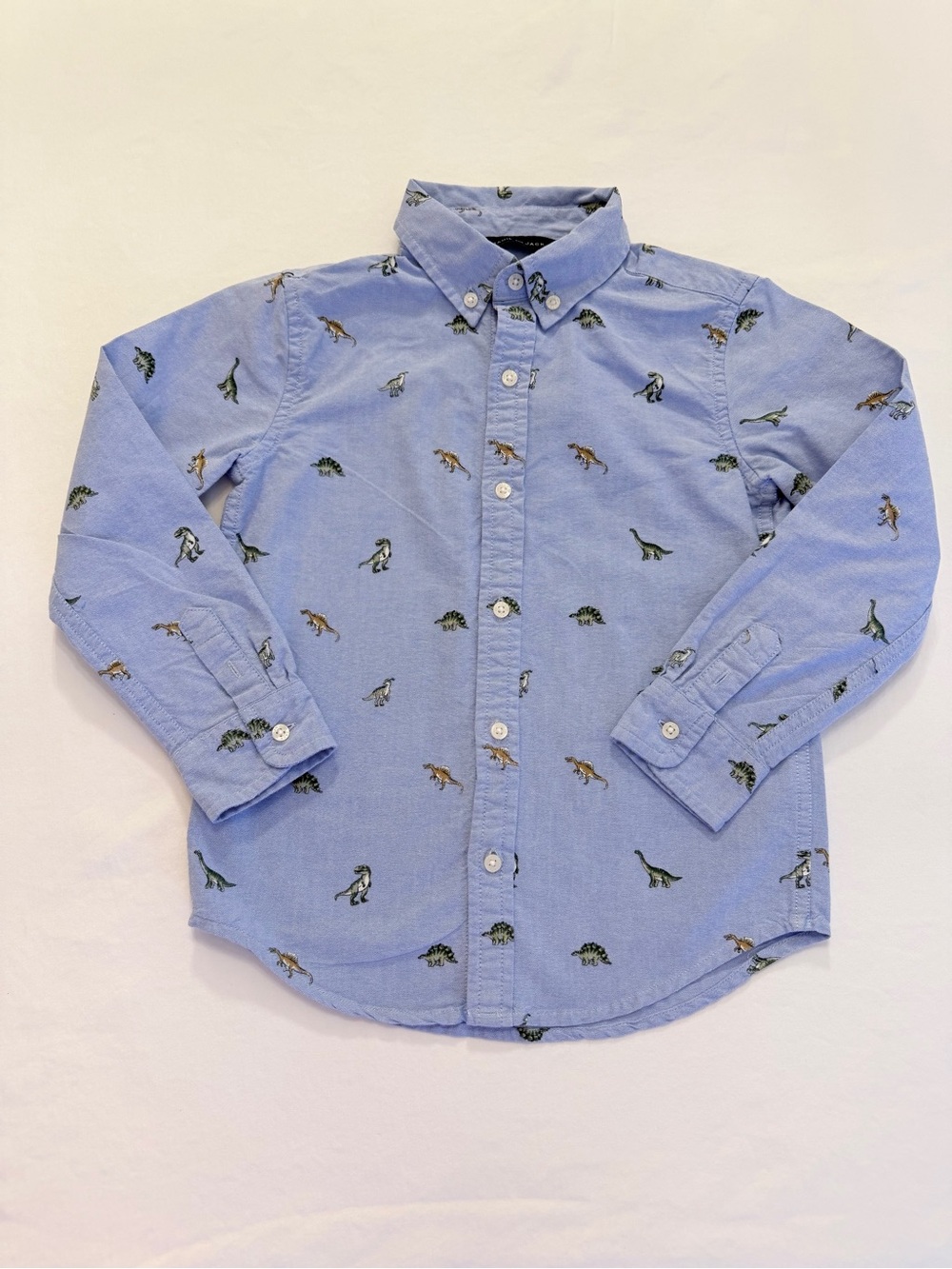 Janie and Jack Light Blue Oxford Button-Down with Green & Brown Dinosaurs Size 6